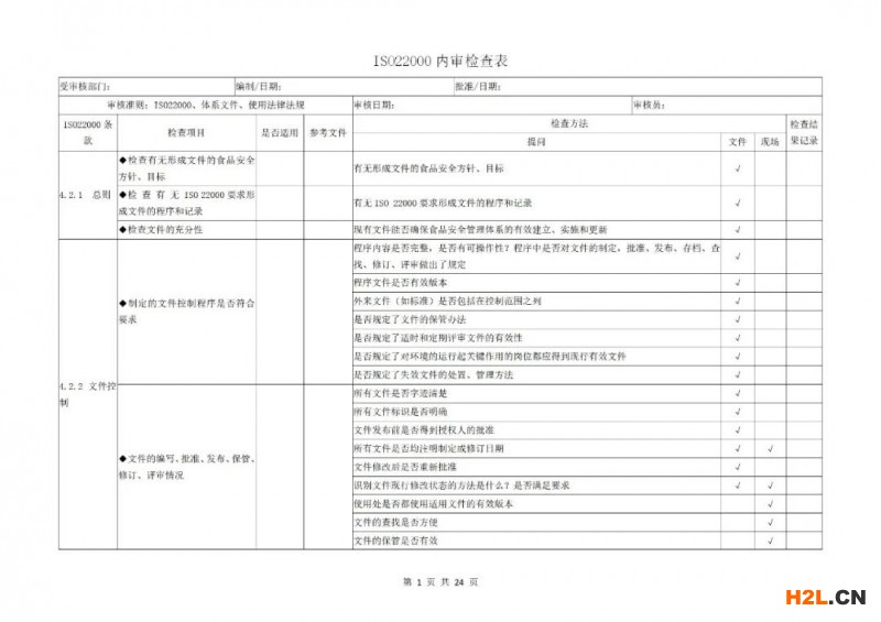 ISO22000:2018 食品安全管理體系內(nèi)審檢查表